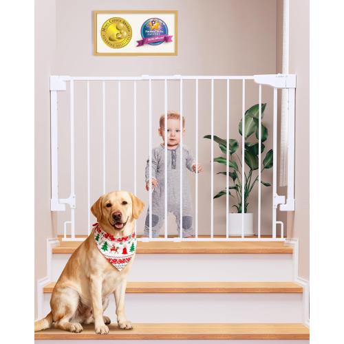 Cumbor 29.2–43 Baby Gate for Stairs, Wall-Mounted (Drill Required), Expandable No Bottom Bar Dog Gate, Auto Close Extra Wide Walk Thru, Pet & Toddler Proof Gate, Top & Bottom of Stairways (White)