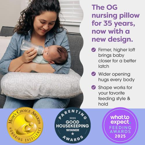 Boppy Nursing Pillow - Ergonomic Bottle & Breastfeeding Pillow with High, Firm, Large Area, Water-Repellent Cushion with Washable Cover; Baby Safety Alliance Verified - Cream Retro Squiggles