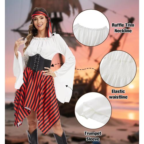 Size S-M 6 Pcs Womens Pirate Costume Renaissance Shirt Dress with Head Scarf Waist Belt Medieval Costume Accessory Sets