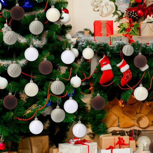 32 Pcs Velvet Christmas Ball Bulk 2.36'' Flocked Tree Decor, Brown Series | Plastic Hanging Ornament, Lightweight Durable, Xmas Bulb Decor, Holiday Party Supplies, Indoor Christmas Tree Decoration Use