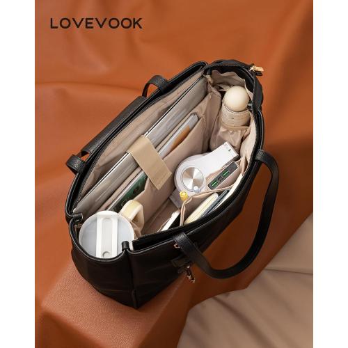 LOVEVOOK Laptop Tote Bag for Women,Nylon Work Totes with 15.6 Inch Laptop Compartments, Lightweight Computer Purse with Large Cup Holder,Travel Tote with Luggage Straps***Black
