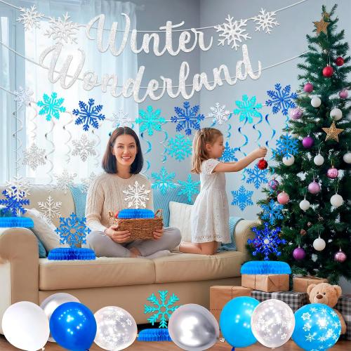 Winter Wonderland Snowflake Party Decorations - 62 Pcs Christmas Onederland 1st Birthday Party Hanging Decor, Blue White Snow Balloons for Ceiling Wall, Paper Banner Flake Streamers for Holiday