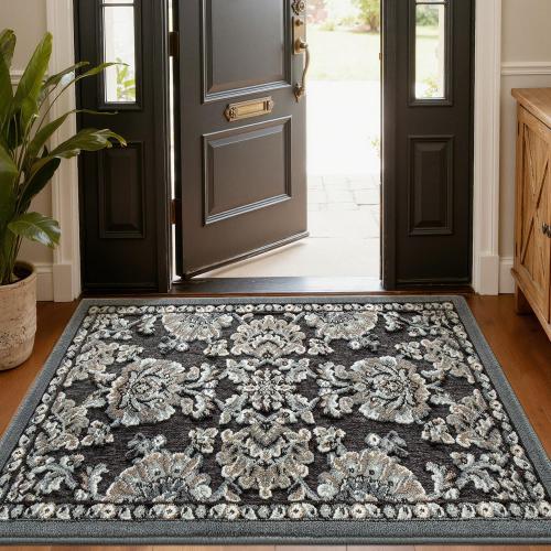 LUMI Indoor Door Mat 36x59, Vintage Non-Slip Washable Thin Entry Mat,Floral | Rubber Backing, Soft Surface, Elegant Pattern, Easy Care, Durable, High Traffic Area (Kids, Dog, Muddy Boots)
