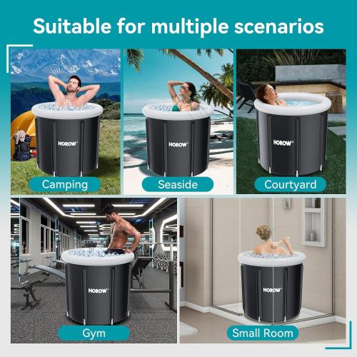 Size 33.5L x 35.5W x 29.5H Color Black HOROW Ice Bath Tub for Athletes, Multiple Layered Portable Ice Bath Plunge for Cold Water Therapy and Recovery, Inflatable Ice Pod Barrel with Cover, Foldable Ice Plunge Tub for Home, Gym, Outdoor Use