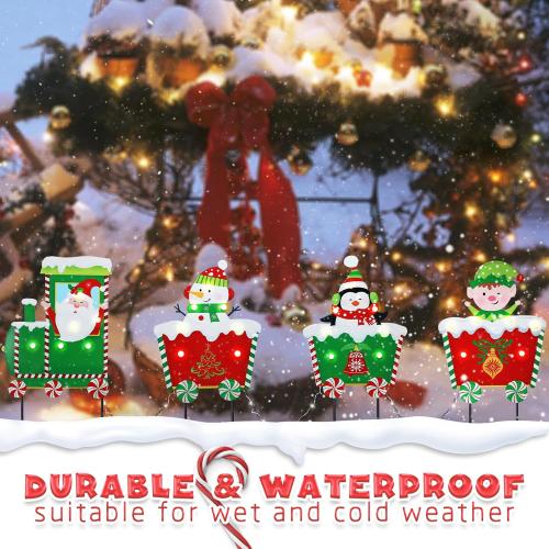 WONDER GARDEN Christmas Metal Yard Stakes, Lighted 3 Pack Christmas Garden Stakes Yard Signs, Outdoor Decorations Train with Santa, Snowman, Penguin, Boy for Lawn Party Outside