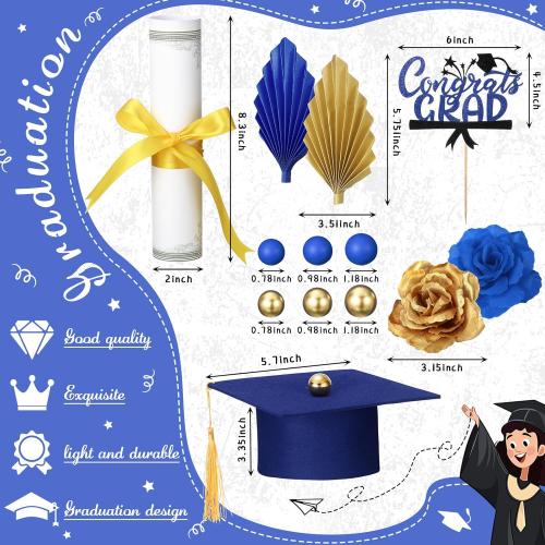 Color Blue Graduation Cake Kit: Felt Cap, Diploma, Congrats Topper, Beads Leaf Flowers (Blue & Gold, 33 Count)