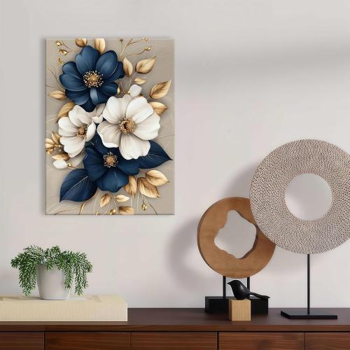 Modern Floral Canvas Wall Art Blue White Gold Flowers Wall Decor Pictures Flower Market Poster Prints for Living Room Bedroom Office Home Decoration 16x24in Ready to Hang