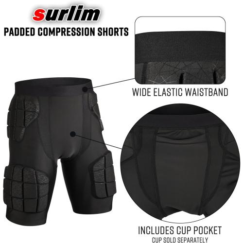 Surlim Football Girdle for Men, 5-Pad Compression Shorts with 12mm Padding | 12mm Sewn-In Pads, Stay-in-Place Fit, Breathable Compression Shorts for Football Practice & Game, Built-in Cup Pocket