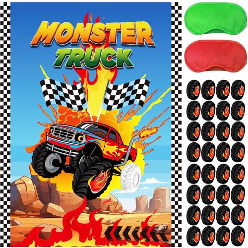 GLURUITE Monster Truck Party Decorations, Pin The Tyre on Truck, Monster Theme Party Games, Large Poster with 32PCS Tyre Stickers for Birthday Supplies