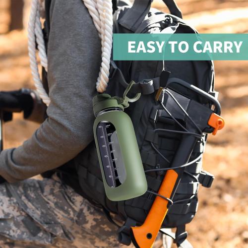 ARMY GREEN CIVAGO 40 oz Glass Water Bottle with Straw and Handle, Large Sports Motivational Water Bottle Flask with Time Marker and 2 Lids, Leakproof Water Jug Canteen with Silicone Sleeve for Gym,Apricot