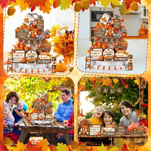 Maitys 21 Pcs Thanksgiving Tiered Tray Decor Set Fall Pumpkin Gnome Truck Scarecrow Wood Sign Rustic Farmhouse Decor Hello Fall Wood Bead Decorative Tabletop Sign for Autumn Thanksgiving Day(Vintage)