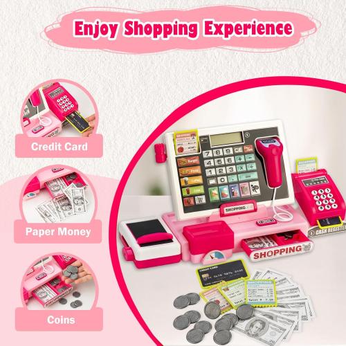 Kids Cash Register Toy with Shopping Cart Toddler Pretend Play Store Cashier Register for Kids with Music / Real Calculator / Scanner Learning Toys for Girls Birthday Gift for 3-8 Year Old Girl
