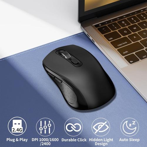Wireless Mouse Ergonomic, Side Buttons Mouse, 2400 DPI, Silent and Anti Slip Roller Cordless Mice, 2.4Ghz with USB Receiver, 6 Buttons, Suitable for Laptop PC Chromebook and Windows 11/10/7 - Black