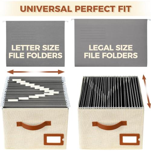 Ivory 2pack set Storage Standard 2-Pack File Organizer Box with Lid - Collapsible Hanging Linen Document Organizer Portable File Boxes, Lightweight & Portable Filing Box Crates with Handles & Extras, Ivory