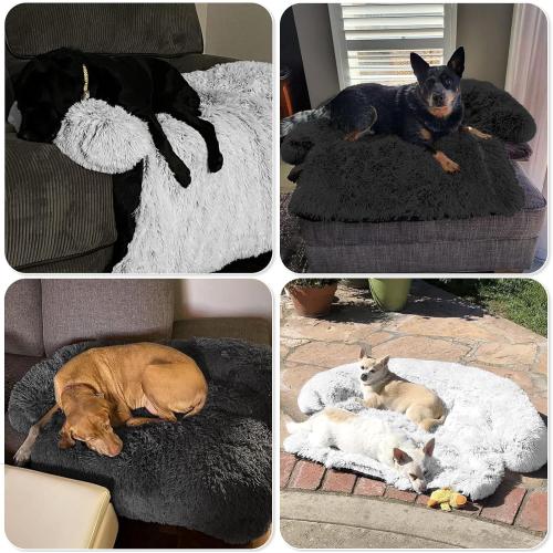 Calming Dog Bed Fluffy Plush Dog Mat for Furniture Protector with Removable Washable Cover for Large Medium Small Dogs and Cats (Small), Light Grey)