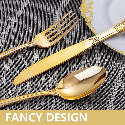 150 Pieces Gold Plastic Silverware - Heavy Duty Gold Disposable Utensils - Fancy Plastic Cutlery Set Includes 50 Forks, 50 Spoons, 50 Knives for Holidays Parties Weddings