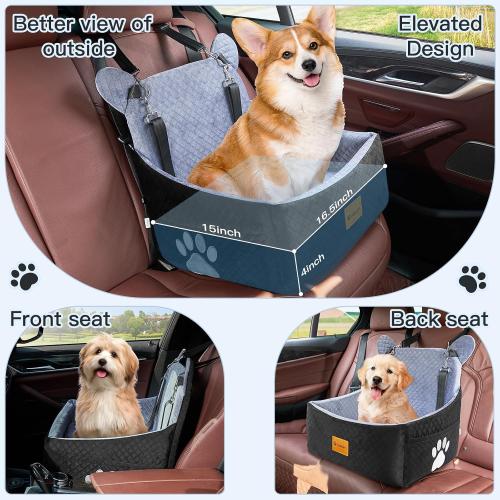 Dog Car Seats for Small/Medium Dogs up to 33lbs(Grey Black). | Car Seat for Dogs, Waterproof Washable, 2 Safety Belts, Non-Slip Base, Storage Pocket, Car Front/Rear Travel, Outdoor Dog Bed