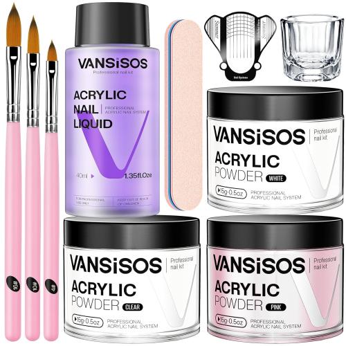 Acrylic Nail Kit for Beginners: Clear White Pink Powder and Liquid Set Professional Nails Kit Acrylic Set with Brushes for Home DIY (liquid spilled) (no accessories) ( powder is still new)
