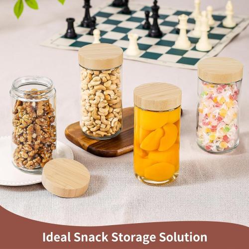 DRKIO 24 Oz Overnight Oats Containers with Bamboo Lids - 4 Pack Glass Storage Jars with Airtight Lids Wide Mouth Mason Food Jars Great for Meal Prep Salad Chia Pudding Snacks Yogurt Sugar Spice