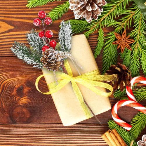 Christmas Pine Picks, 6inch Christmas Red Berry Picks Stems, Artificial Pine Cones Holly Stem Craft, Winter Holiday Flocked Holly Floral Picks for Crafts DIY Xmas Tree Ornaments