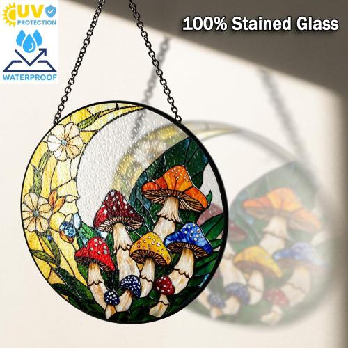7.8 Mushrooms Stained Glass, Suncatcher for Window Hanging, Suncatcher Art Decor for Home Garden Housewarming, Natural Scenery Gift for Mom, Grandma, Women, Friends, Couples ART-12E-SG8