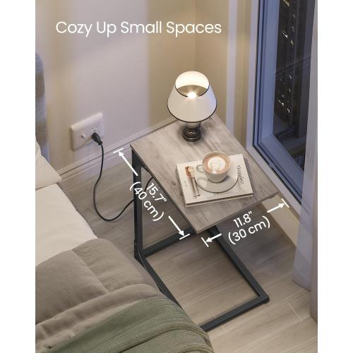 VASAGLE C-Shaped Side Table, End Table with Charging Station, C Table for Couch, Sofa, Adjustable Feet, for Bedroom, Living Room, 2 USB Ports and Outlets, Heather Greige ULET362K02