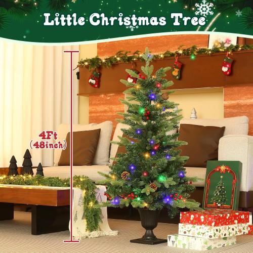 JOYHALO 2Pcs Set 4FT Outdoor Christmas Trees for Porch with 60 Remote Controlled Warm White and Multicolor LED Lights, Pre-lit Potted Christmas Tree with PVC&PE Branches