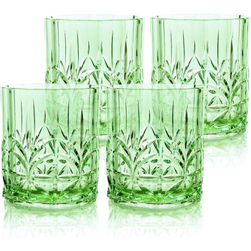 BELLAFORTE Shatterproof Tritan Plastic Short Tumbler, Set of 4, 13oz - Myrtle Beach Unbreakable Crystal Cut Old Fashioned Drinking Glasses for Whiskey - BPA Free - Dishwasher Safe - Green