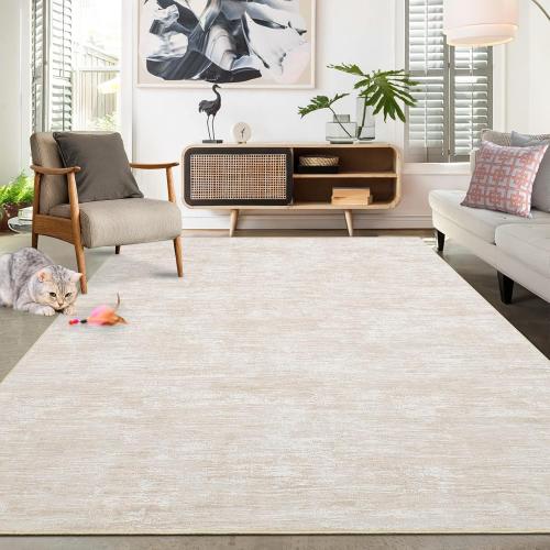 RUGSREAL Washable Rug for Living Room Non-Slip Modern Abstract Area Rug Stain Resistant Large Bedroom Rug Contemporary Accent Throw Floor Carpet Solid Rug for Dining Room Home Decor, Beige