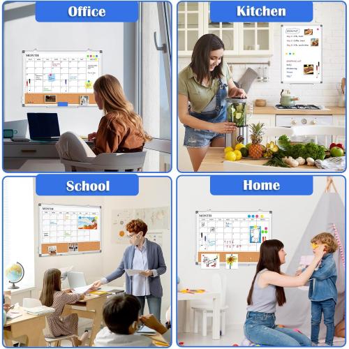 Monthly Calendar Whiteboard Dry Erase Cork Board Combo for Wall, 24 x 18 Double-Sided Calendar White Board and Bulletin Board, Portable Board for Office, Kitchen, School, Home