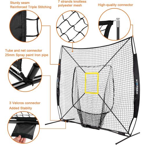 Storgem Baseball and Softball Practice Net 7×7ft Portable Hitting Pitching Batting Training Net Baseball Backstop Net with Batting Tee and Strike Zone and Bow Frame