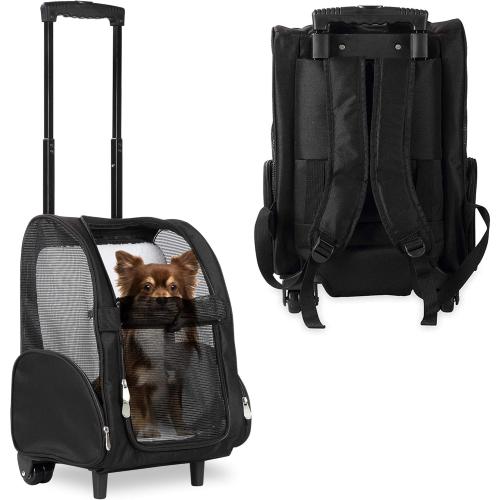 Color Black KOPEKS Deluxe Backpack Pet Travel Carrier with Double Wheels for Pets up to 10 Pounds - Black - Approved by Most Airlines