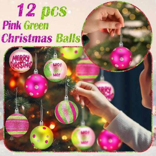 Vercraft 12 Pcs 2.4 Inch Christmas Ball Ornaments for Tree, Xmas Glittering Hanging Bulbs Pink and Green Plastic Pendants Baubles for Christmas Tree Ornaments Xmas Holiday Party Decor Favors