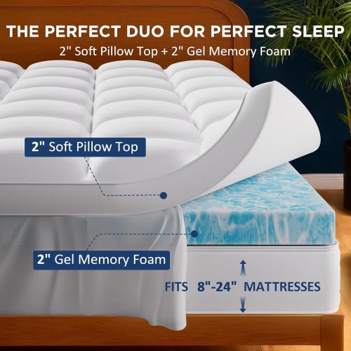 King Size Dual Layer 4 Inch Memory Foam Mattress Topper, 2 Inch Cooling Gel Infused Memory Foam and 2 Inch Airflow Down Alternative Pillow Top, 8-24 Inch Deep Pocket Bed Topper