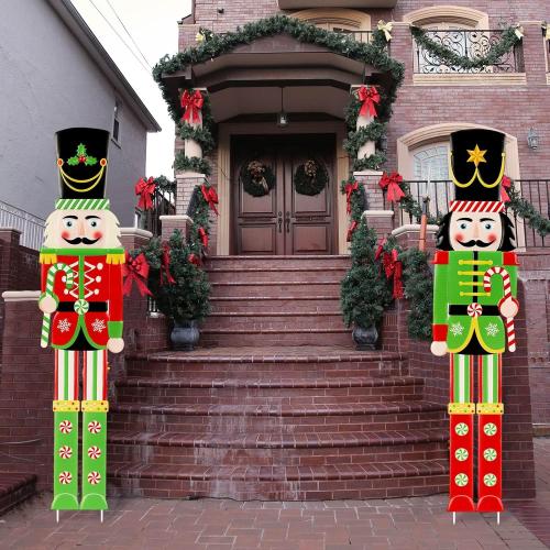Gisafai 2 Pcs 5ft Large Metal Christmas Nutcracker Outdoor Decoration, Giant Nutcracker Yard Sign with Stakes, Christmas Yard Decor for Garden Pathway Lawn Walkway Holiday Party