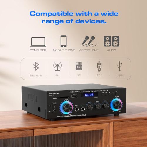 400W Home Audio Amplifier with Bluetooth 5.0, 2 Channel Stereo Receiver, Dual Karaoke Mics, FM Radio, USB/SD Playback for Home Theater, Garage, Party