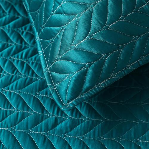 Whale Flotilla Silky Soft Satin Quilts Queen Size, Luxury Reversible Lightweight Bedspreads Covelets for All Seasons, Leaf Stitched Pattern Bedding Set with Satin Pillowcases, Turquoise