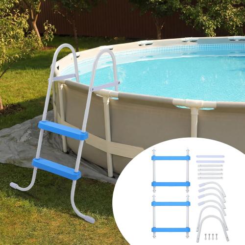 Threlaco 33 Inch Above Ground Pool Ladder 2 Step Steel Frame Swimming Pool Entry Exit Ladder Non Slip Metal Frame Steps, Weight Capacity 300lbs(White and Blue)
