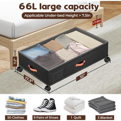 Under Bed Storage with Wheels 2-Pack, Under Bed Storage Containers 66L Clear Lids, Rolling Storage Drawers for Clothes Shoes Blankets, Underbed Organizer Bins(32 L x 17.3 W x 7.2 H)