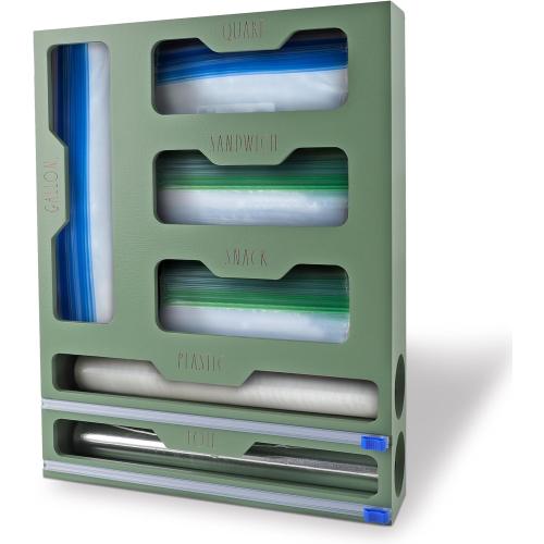 Rae Dunn Bamboo Bag Organizer for Kitchen Drawer - Durable Wood Organizer for Kitchen Storage - Holds Gallon, Quart, Snack, Sandwich Size Baggies, Plastic Wrap and Foil