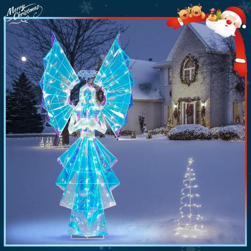 5.5FT Pre-lit Lighted Angel, Prismatic Iridescent Angel Outdoor Christmas Decorations with 110 LED Lights, Plug-in Giant Xmas Angel for Yard, Garden, Porch, Outdoor Holiday Decor