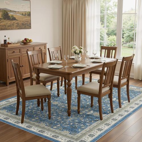 WITSHOCK Living Room Rug Vintage Distressed Oushak Boho Farmhouse Retro Antique, Dining Room Rugs for Under Table, Bedroom Nursery Playroom, Ultra Soft Non-Slip Washable Stain Resistance, Blue