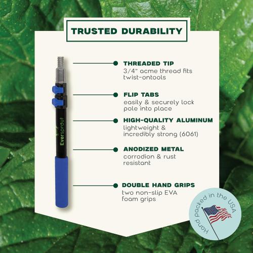 Size 5 to 12 EVERSPROUT Pro Pole, 5-to-12 Foot Heavy Duty Extension Pole (3-Stage), Lightweight Anodized Aluminum, Telescoping Pole - Fits Standard ACME Threaded Adaptor for Cleaning, Squeegee, Bulb Change & More