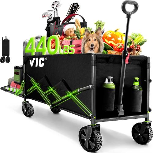 VIC Collapsible Folding Wagon, Extra Long Extender Wagon Cart,Beach Wagon Cart Heavy Duty 440LBs Foldable, Utility Grocery Wagon with Side Pocket for Camping Garden Sports, V1max