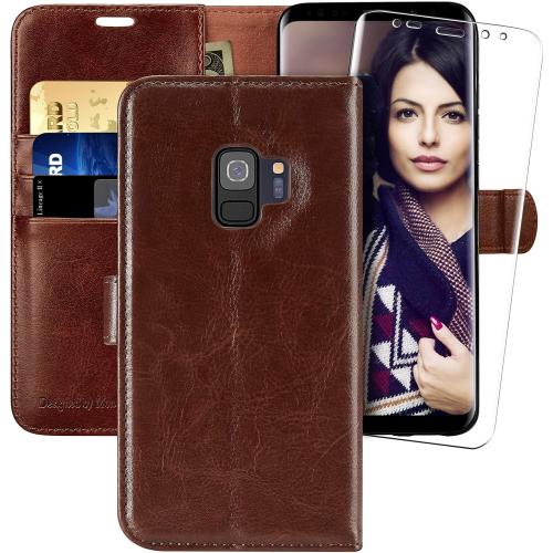 MONASAY Wallet Case Compatible for Galaxy S9, 5.8-inch, [Screen Protector Included][RFID Blocking] Flip Folio Leather Cell Phone Cover with Credit Card Holder, Brown