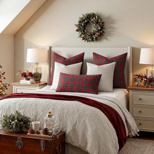 MIULEE Christmas Set of 2 Scottish Tartan Plaid Throw Pillow Covers Farmhouse Classic Decorative Outdoor Square Cushion Cases for Home Decor Sofa Couch 16x16 Inch, Red