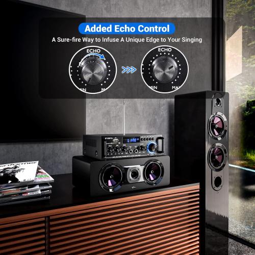 298Pro Stereo Audio Amplifier, Max 400W Home 2 Channel Bluetooth 5.0 Wireless Power Amplifier, HiFi Sound Home Theater Audio System Home Stereo Receiver, MIC in w/Echo, Bass & Treble w/USB/RCA/FM