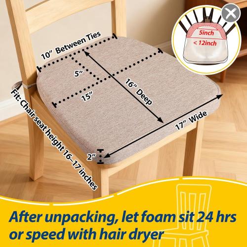 AAAAAcessories D-Shaped Chair Cushions, 2 Thick Dining Chair Pads with Ties and Removable, Machine-Washable Cover, 17 x 16, Set of 6, Oatmeal Beige