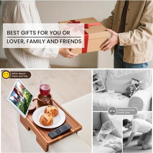 GEHE Real Acacia Wood Couch Armrest Table, 15.4x9.8 Couch Arm Tray Table, 3 in 1 Removable Sofa Cup Holder wtih 360° Rotated Phone Holder, Clip on Armrest Tray for Drinks, Snacks, Phone, Control