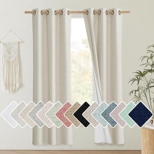 NICETOWN Natural Thick Linen Blend 100% Blackout Curtains 70 Long 2 Panels Set for Bedroom, 34 Wide, Rustic Grommet Thermal Insulated Flax Textured Full Blackout Window Draperies with White Liners